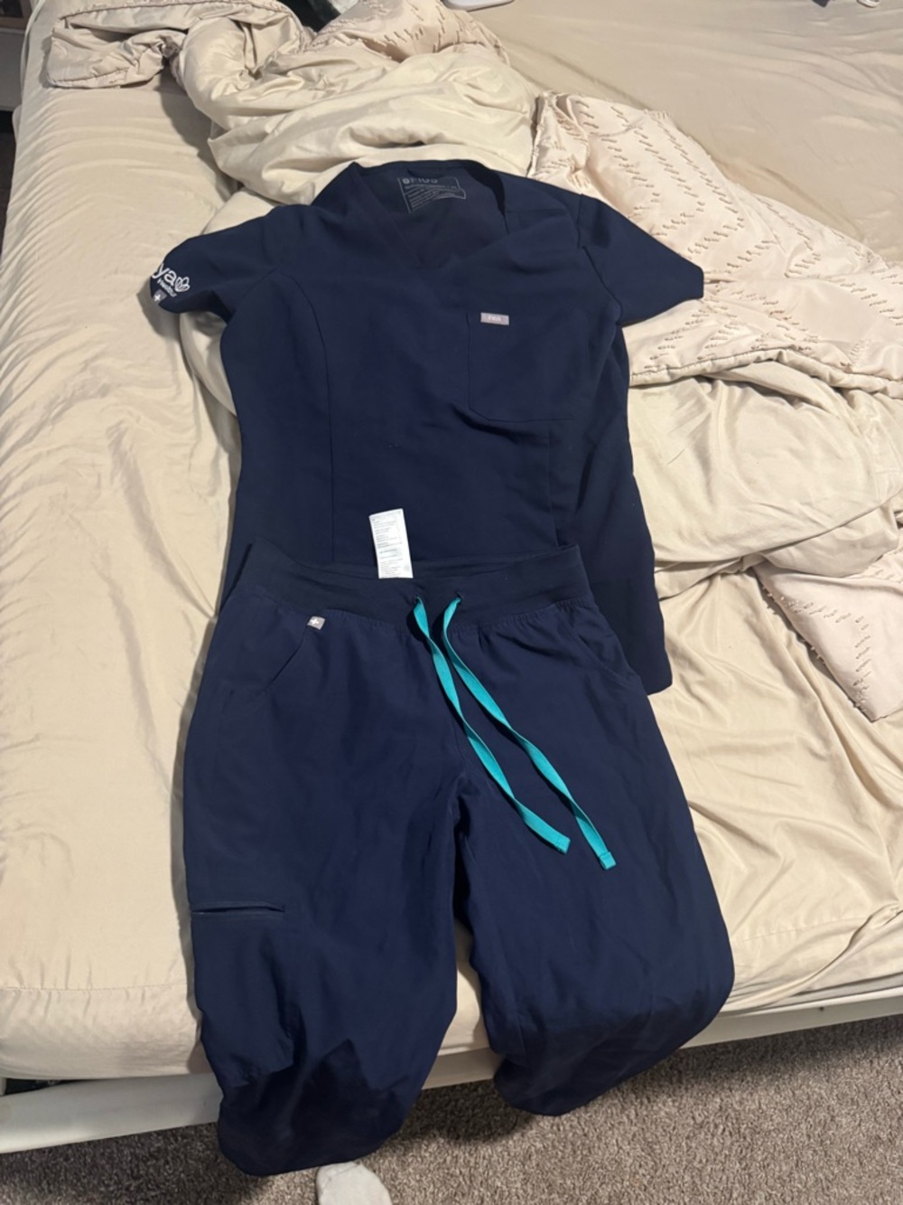 Figs Navy Scrub Top and Pants Set with Teal Accent